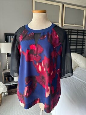 DKNY Navy Top with Magenta Floral Print and Black Sheer Sleeves, size XL